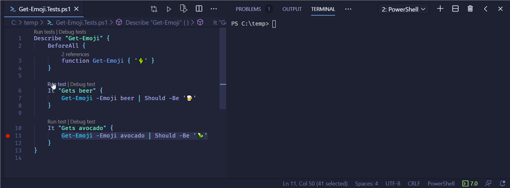 Shows a single test being run using the new Code Lens